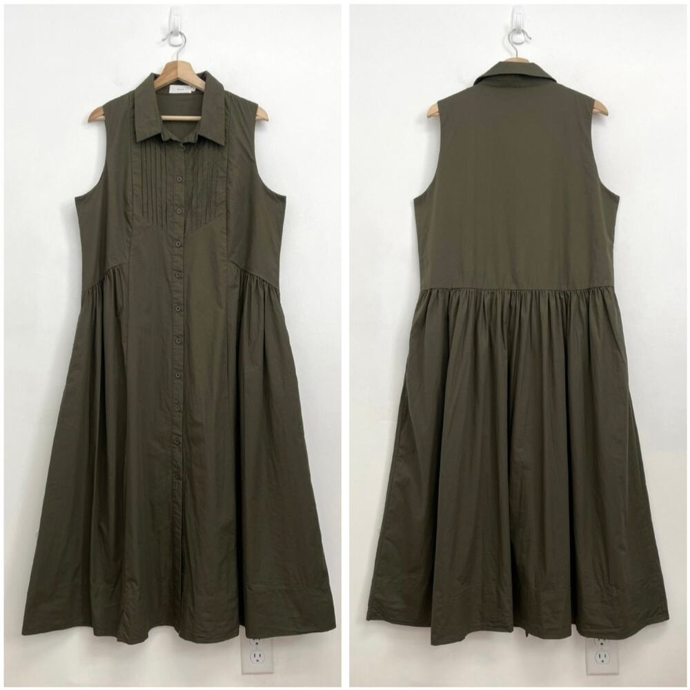 MAYE Corinne Shirtdress Poplin Cotton Relaxed A-Line Midi Dress Khaki - Large - Picture 2 of 13